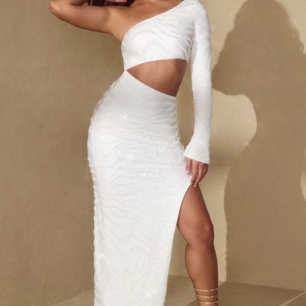 Single Sleeve Cut Out Maxi Dress in Off White
