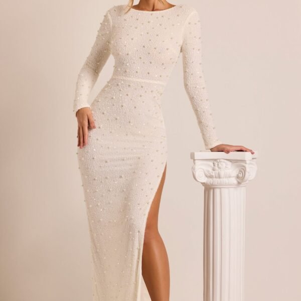 Embellished Long Sleeve Backless Maxi Dress in White