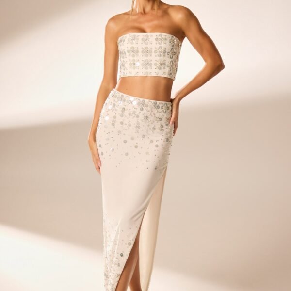 Hand Embellished Maxi Skirt in Ivory