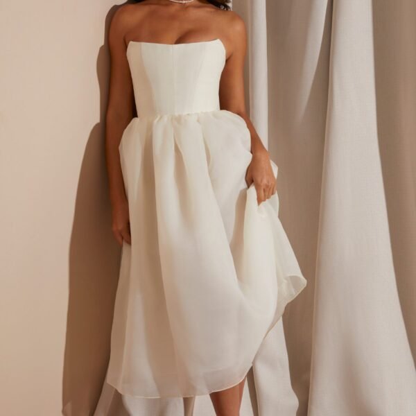 Strapless Corset Tulle Midi Dress in White