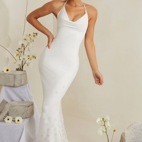 Cowl Neck Embellished Satin Maxi Dress in White