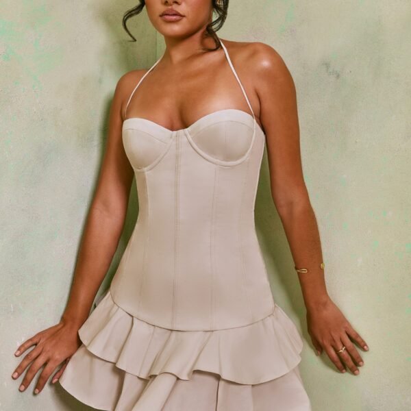 Frill Hem Corset Cotton Mini Dress in White