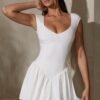 Cap Sleeve Layered A-Line Mini Dress in White