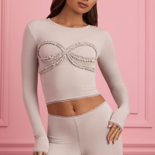 Lace-Trim Appliqué Pyjama Top in Cloud Grey