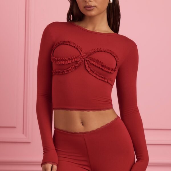 Lace-Trim Appliqué Pyjama Top in Ruby Red
