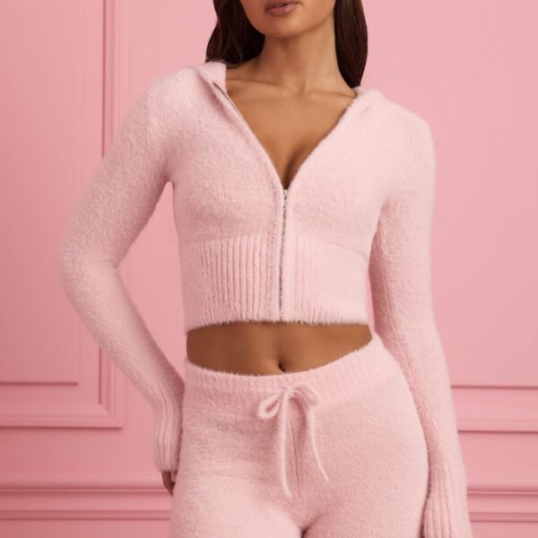 Fluffy Knit Zip-Up Hoodie in Baby Pink